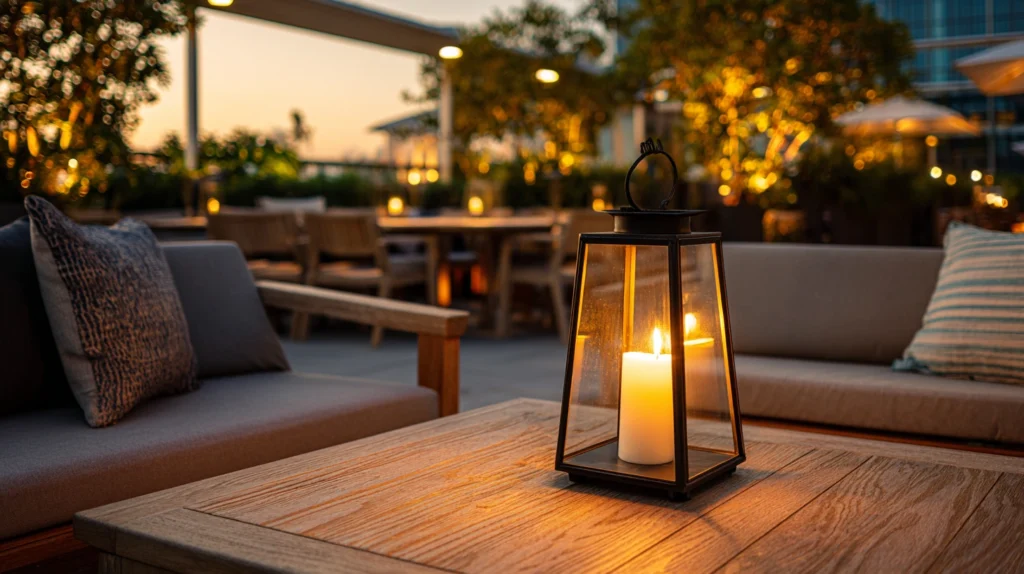 zainy Warm evening patio scene with a single elegant lantern bbcd7596 33e3 437b 8c26 4d27785fec92 1