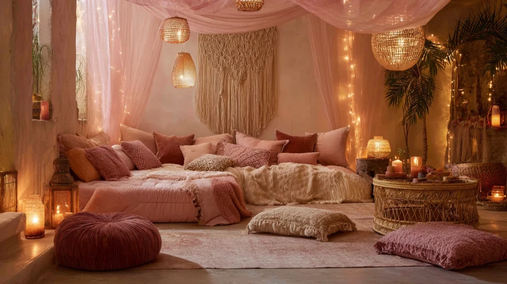 zainy A modern pink boho living room at dusk styled with laye bec91863 3567 4c7b b754 e3c78dbd4a49 3