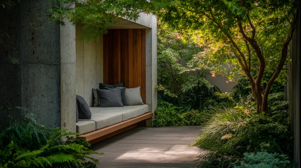 14 Summer Garden Seating Nook Ideas That Turn Any Corner Into Your Favourite Spot 2 zainy A wide modern garden scene featuring a thoughtfully des 9dfe7a05 ee07 4579 8c5e 362eaaaa92b9 1