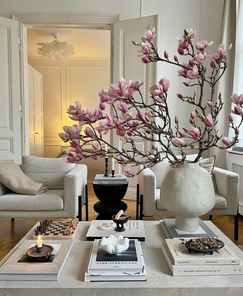 13 Stylish Coffee Table Decor Ideas for Any Aesthetic 2 I want a magnolia tree in my living room Beautiful coffee table decor set. Repost @interiorbyg
