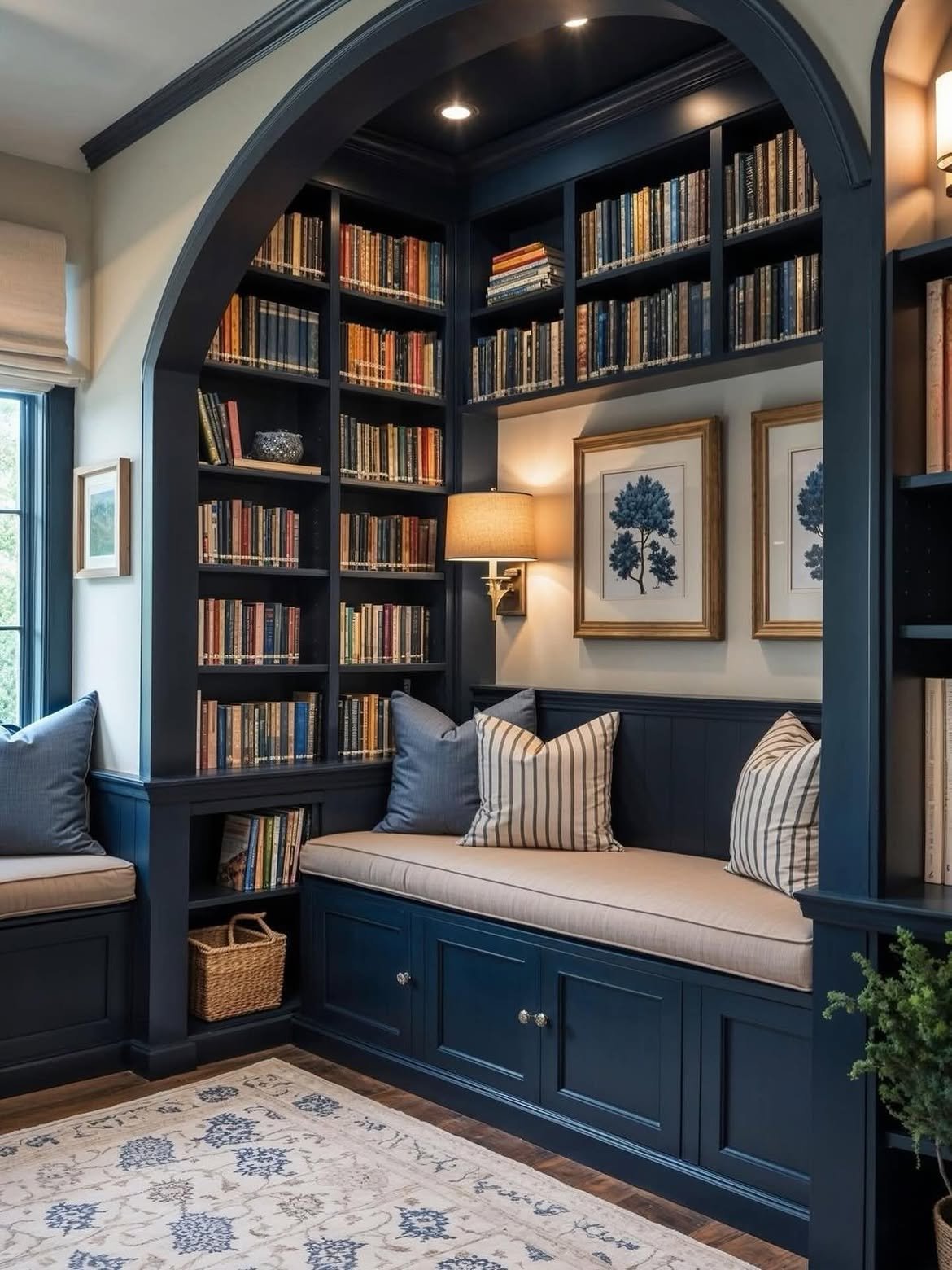 15 Cozy Reading Nook Ideas for Every Space 1 Looking for your next cozy spot @perfectfamilyhomes gives us built in shelving with a dark navy