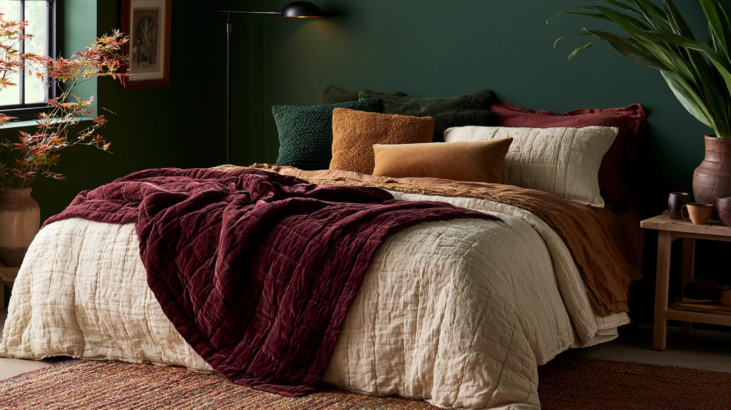 15 Fall Color Palettes for a Moody Bedroom Makeover 1 zainy A luxurious moody fall bedroom showcasing a rich blend 6833033e f254 428d 8363 b762b9bc8617 0